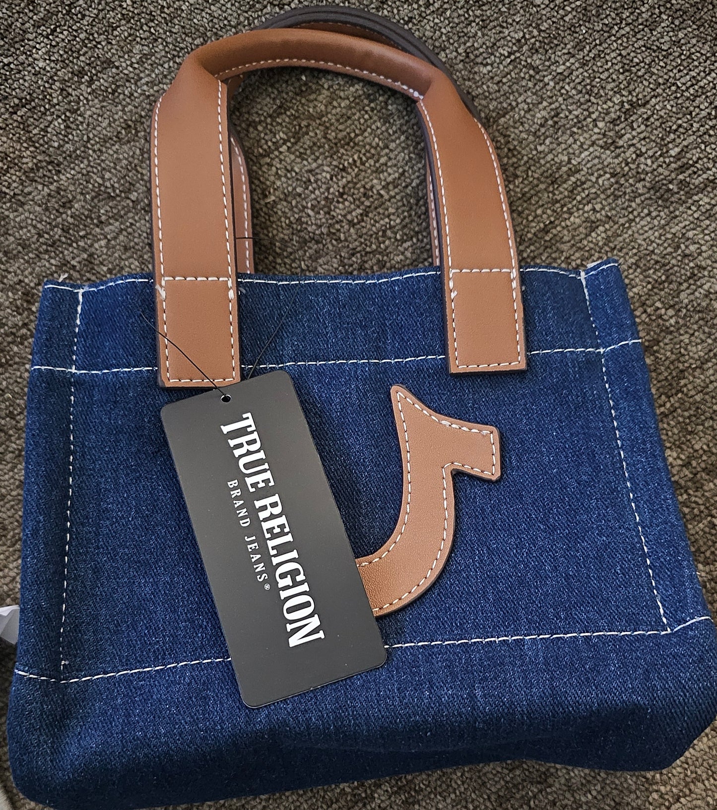 True Religion TR Mini Denim Tote Bag Purse Crossbody Dark Denim