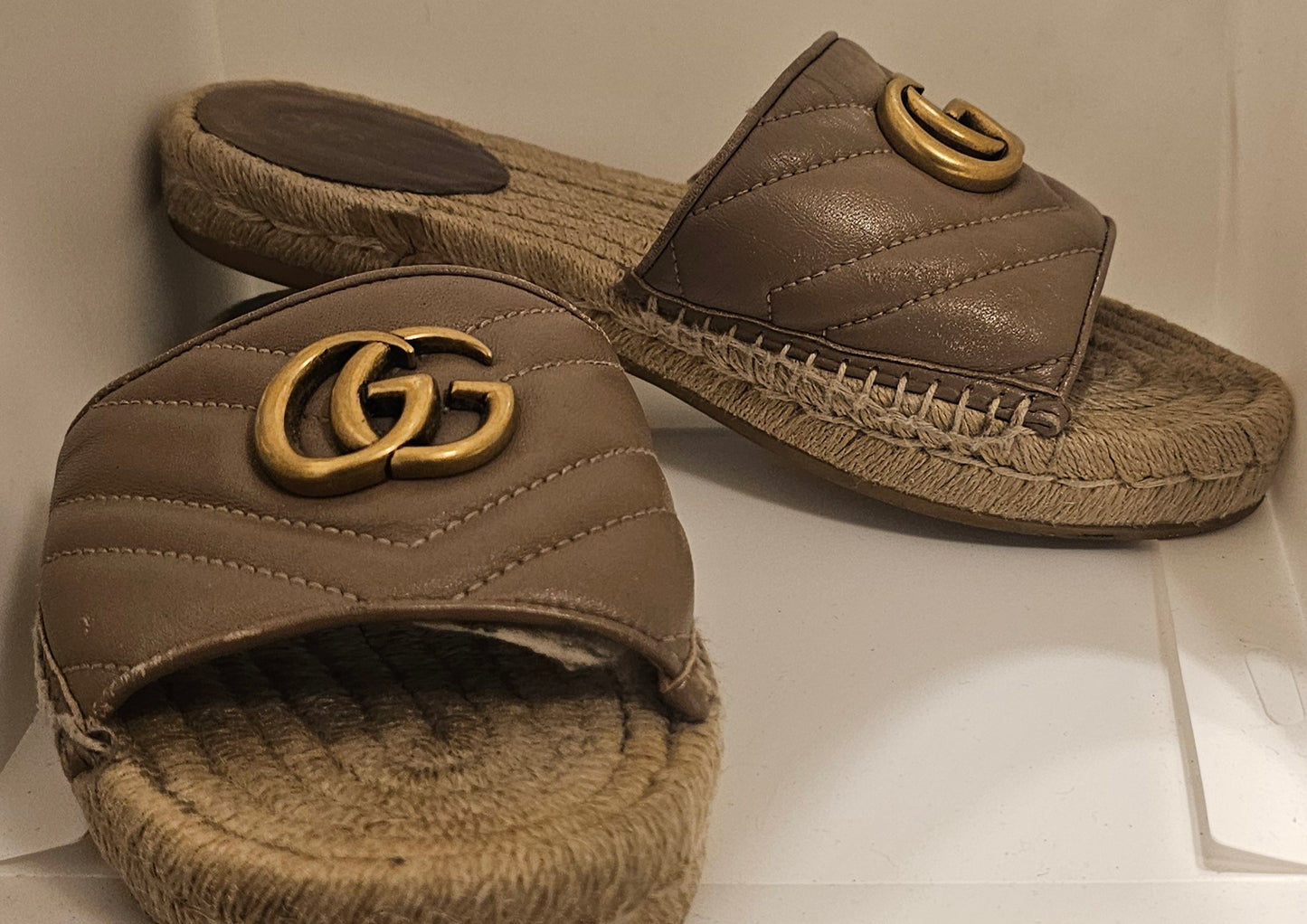 Gucci Beige Marmont Quilted Slide Espadrilles GG Size 36 Flats